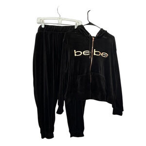 BeBe Velour Track Suit Womens 2X Black Gold Spellout Zip Up Hoodie Baddy Y2K